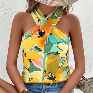 Boho Floral Print Halter Tank Top